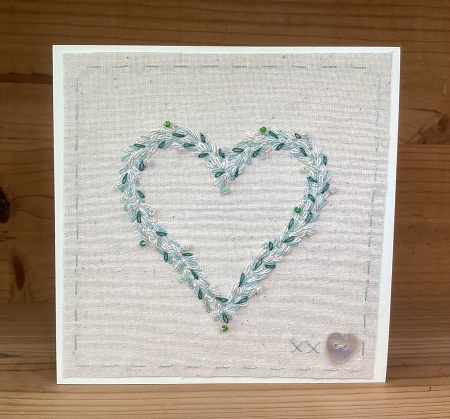 Hand Embroidered Greetings Card -Beaded Emerald Heart