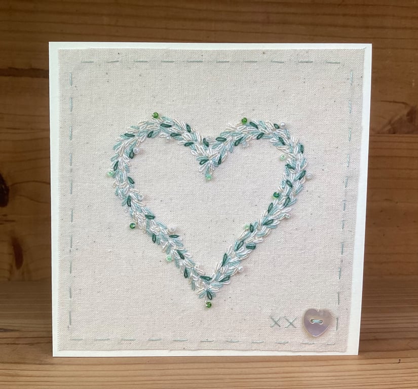 Hand Embroidered Greetings Card -Beaded Emerald Heart