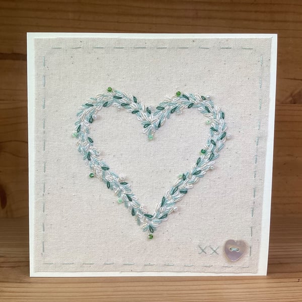 Hand Embroidered Greetings Card -Beaded Emerald Heart