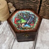 Rustic shroom dragon pyrography wooden box, hexagonal jewellery box.