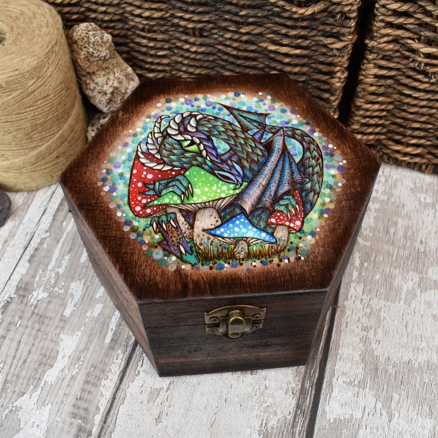Rustic shroom dragon pyrography wooden box, hexagonal jewellery box.