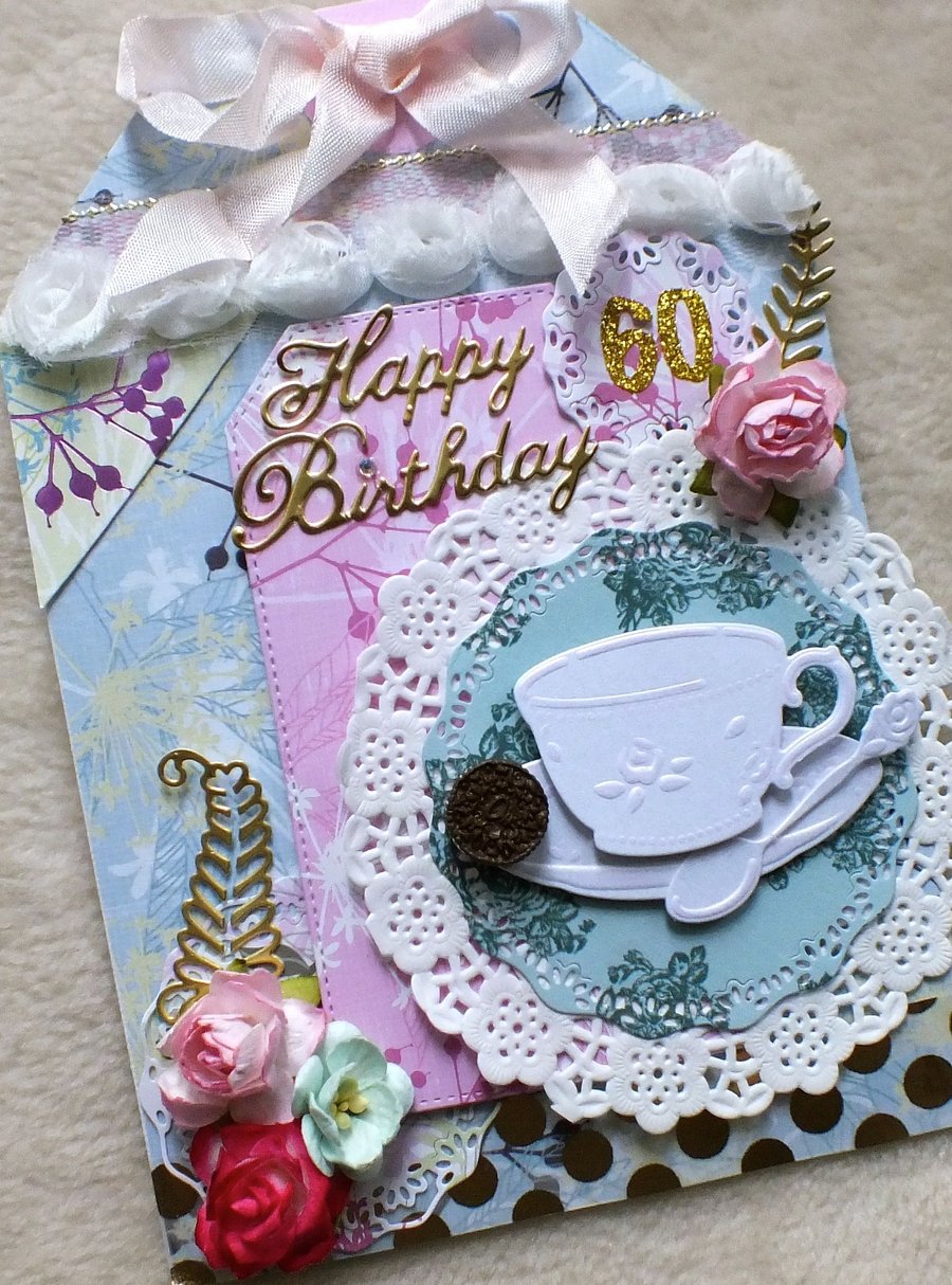 Handmade 60th Birthday Shabby Chic, Cup and Saucer Card