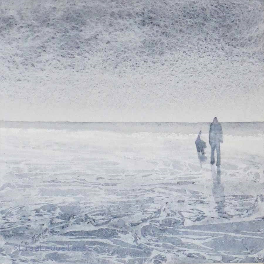 Original painting watercolour dog walking along an evening beach