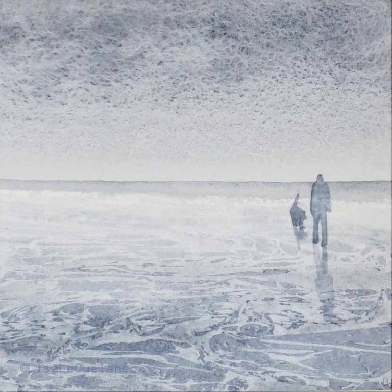 Original painting watercolour dog walking along an evening beach