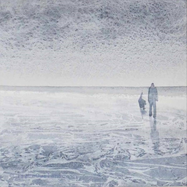 Original painting watercolour dog walking along an evening beach