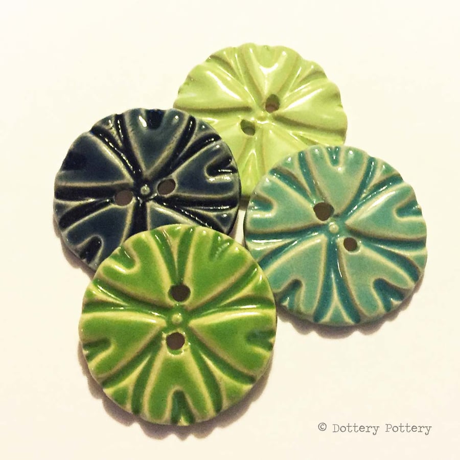 Pottery buttons Set of four large handmade ceramic buttons blue and green 