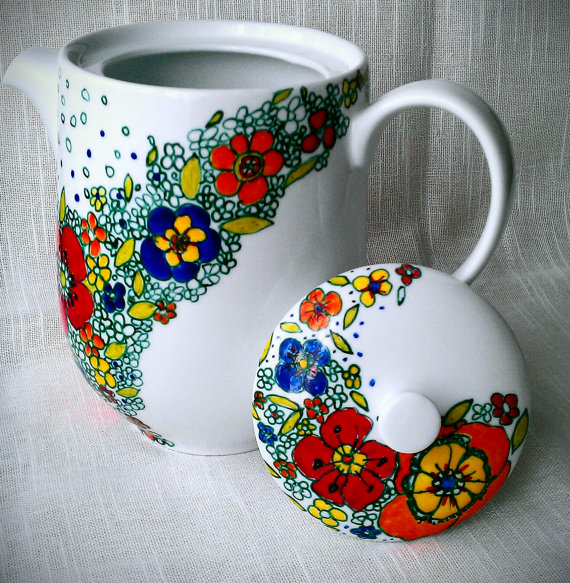 Summer Bliss Elegantly hand decorated porcelain teapot or coffee pot.