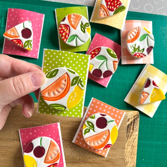 Handmade Fruity Ceramic brooch, Hand Made Pottery Badge