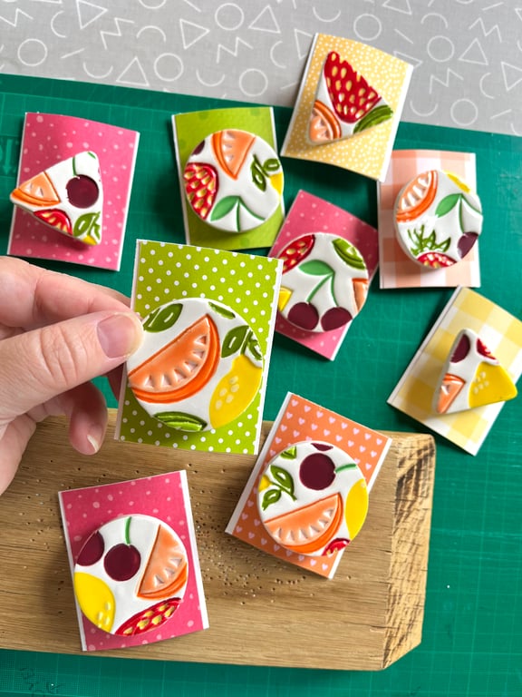 Handmade Fruity Ceramic brooch, Hand Made Pottery Badge