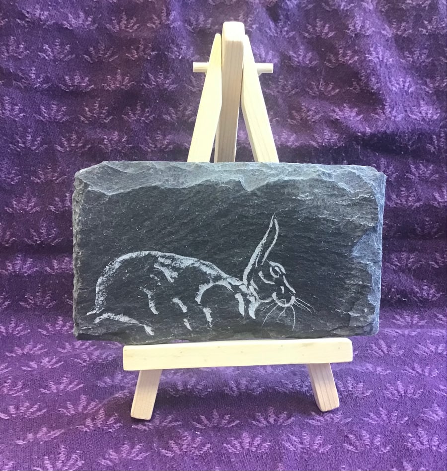 Hare in field  - original art hand carved on slate