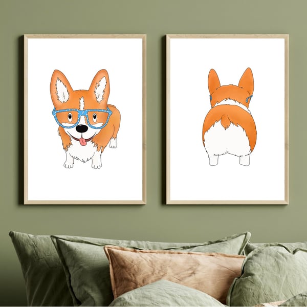 Funny Corgi Dog Prints over 2 frames