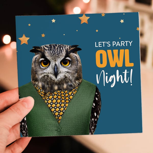 Owl congratulations card: Party owl night (Animalyser)