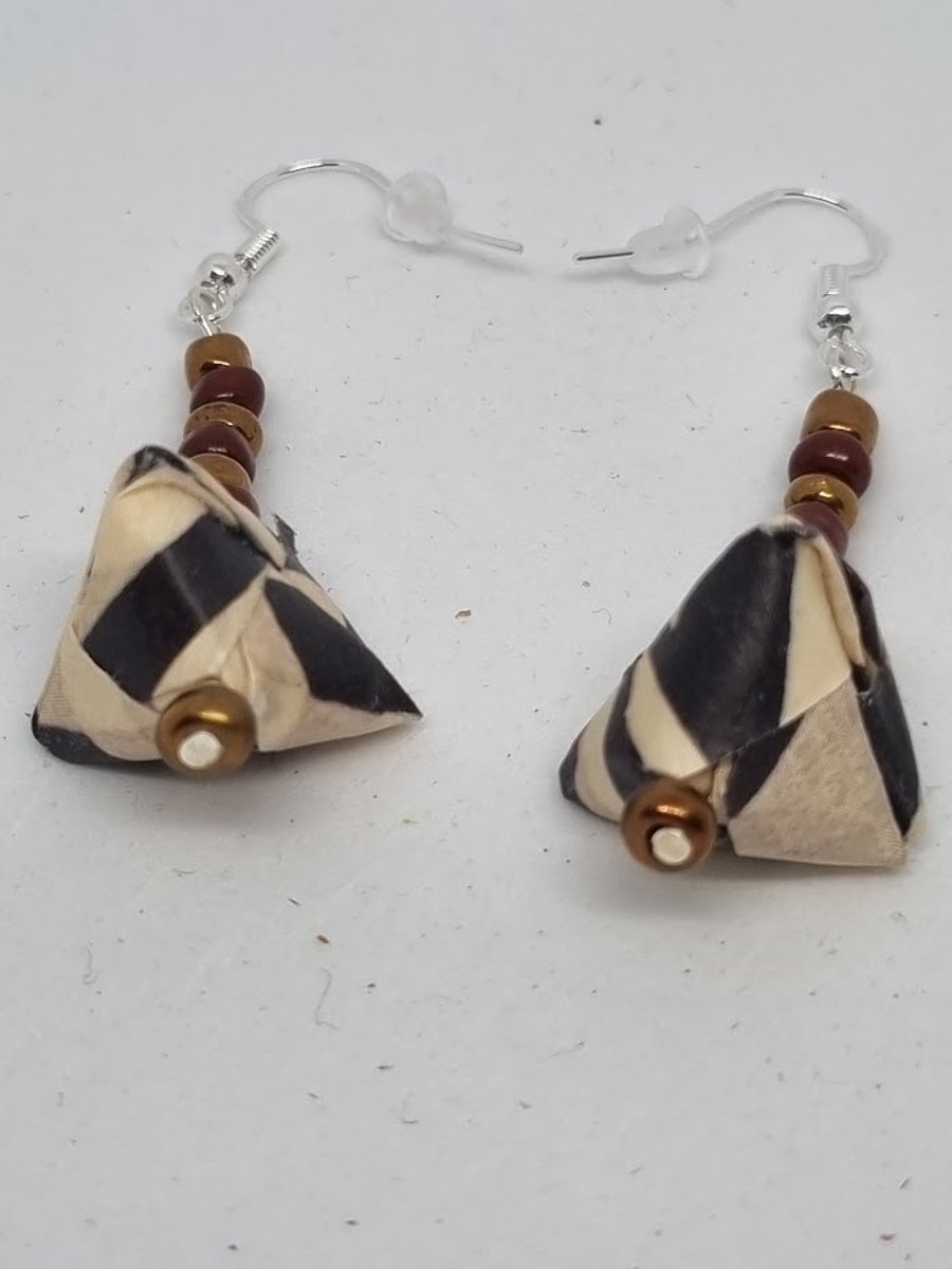 Origami earrings: brown, black and beige paper and small beads