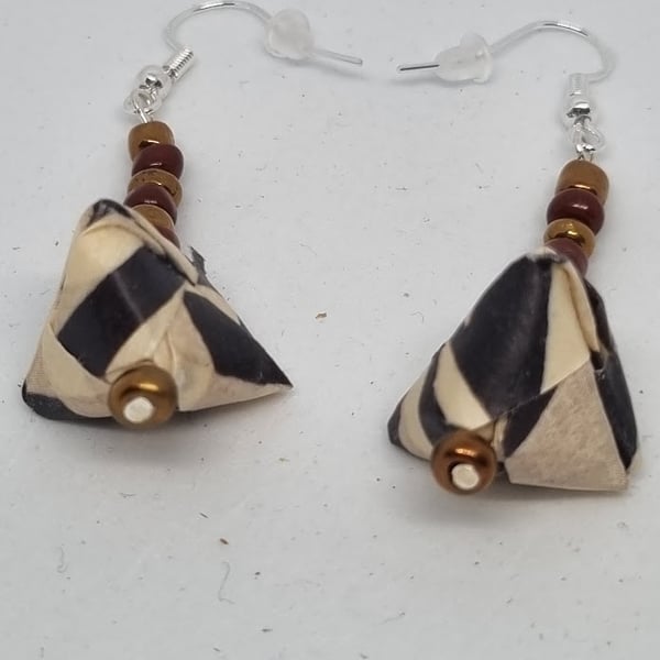 Origami earrings: brown, black and beige paper and small beads