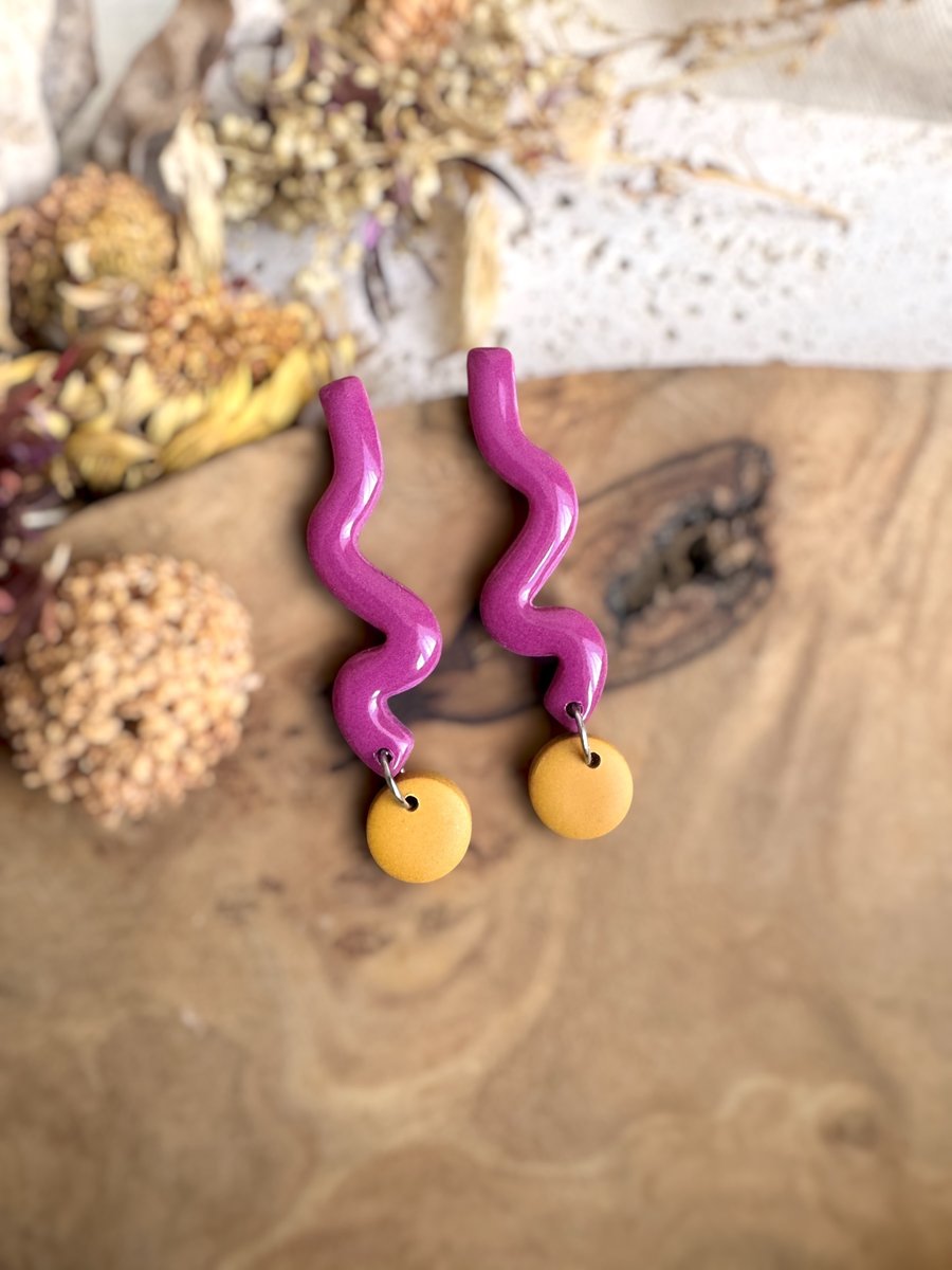 Autumn Magenta Squiggle & Mustard Disc Polymer Clay Earrings