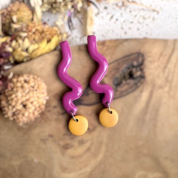 Autumn Magenta Squiggle & Mustard Disc Polymer Clay Earrings