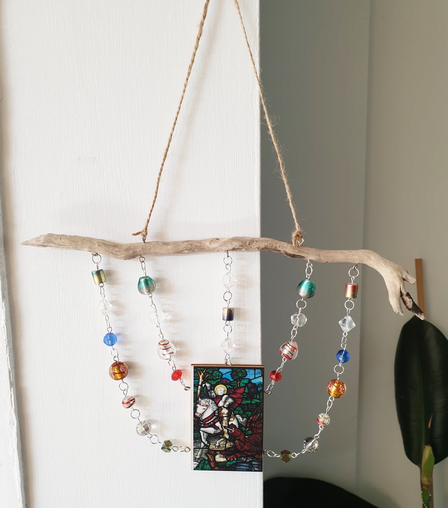 St George hanging sun catcher, beaded bohemian style window decoration, boho