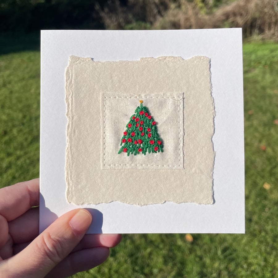 Christmas Tree, hand embroidered Christmas card, recycled card
