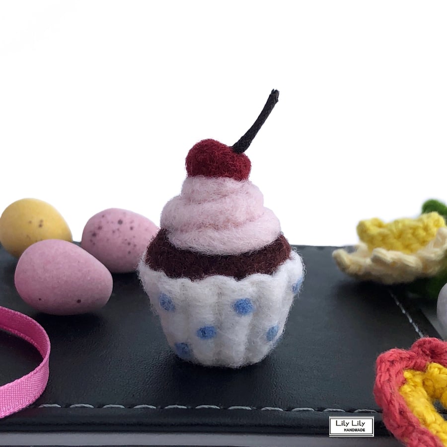 SOLD Chocolate cherry cupcake miniature, needle felted by Lily Lily Handmade