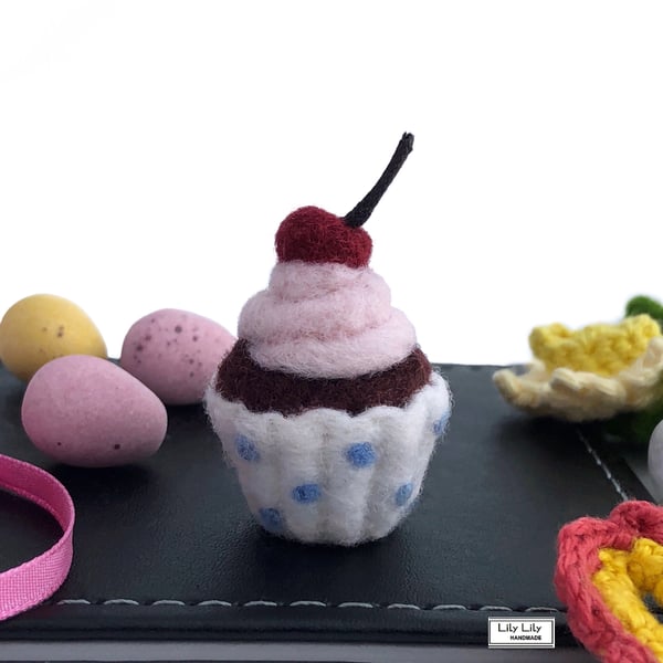 Chocolate cherry cupcake miniature, needle felted by Lily Lily Handmade