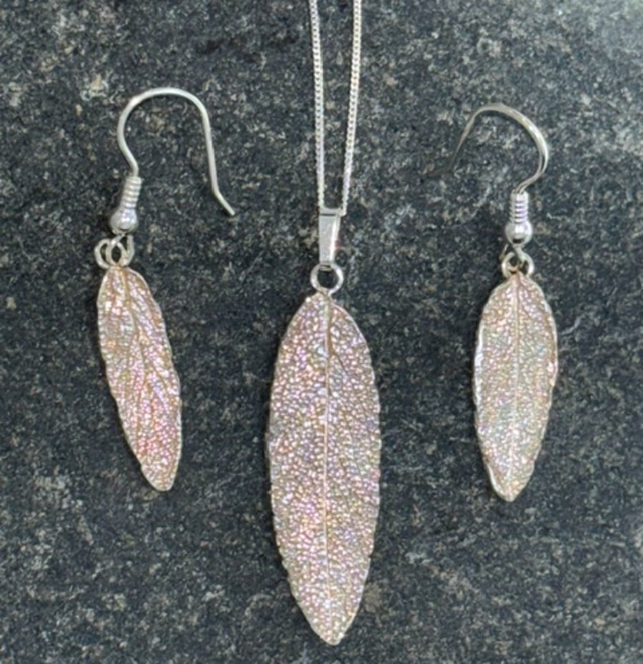 Hand made .999 Fine Silver Sage Leaf Pendant and Earring Set 