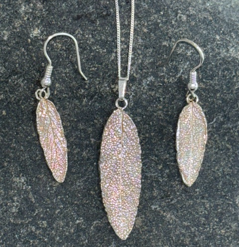 Hand made .999 Fine Silver Sage Leaf Pendant and Earring Set 
