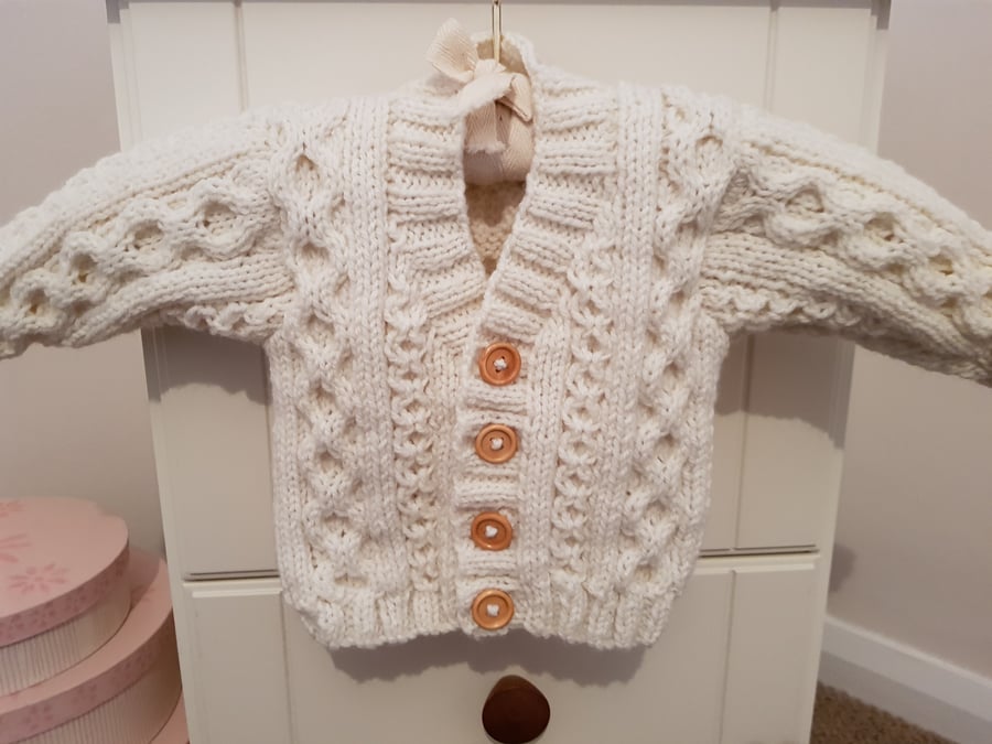 Hand Knitted Cream Aran Baby Cardigan 0-6 months