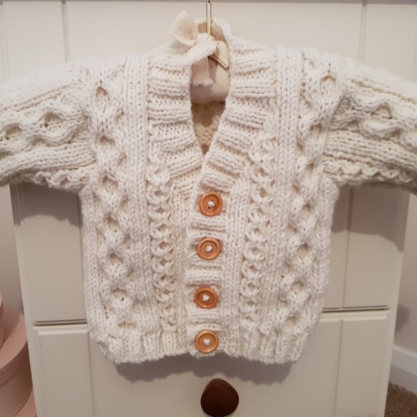 Hand Knitted Cream Aran Baby Cardigan 0-6 months