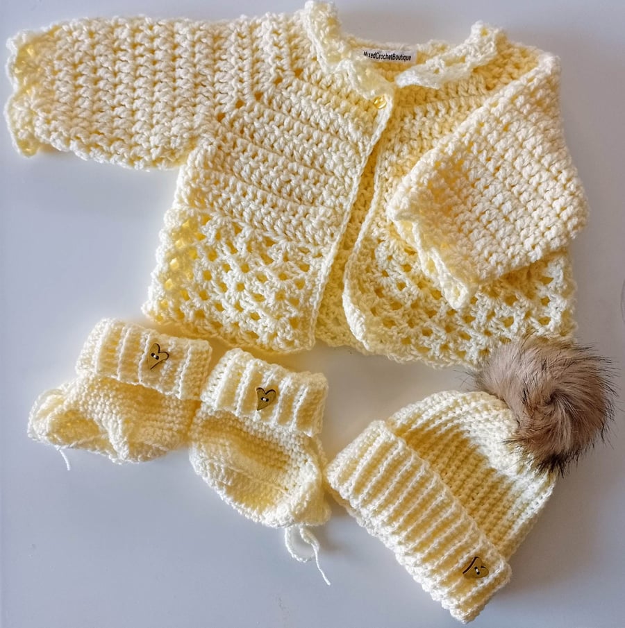 Handmade Crochet Cardigan,booties,pompom hat Crochet Baby girl set Knitwear  set