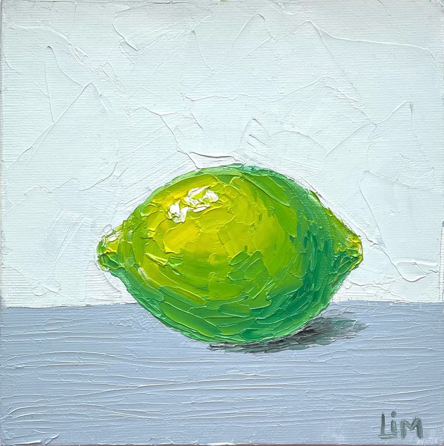 Lime Painting Impasto Original Small Oil Art Citron Kitchen Dining Wall Decor 6x