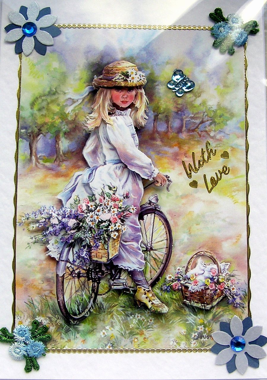 Summers Day Bicycle Ride - Hand Crafted 3D Decoupage Card - With Love 2842