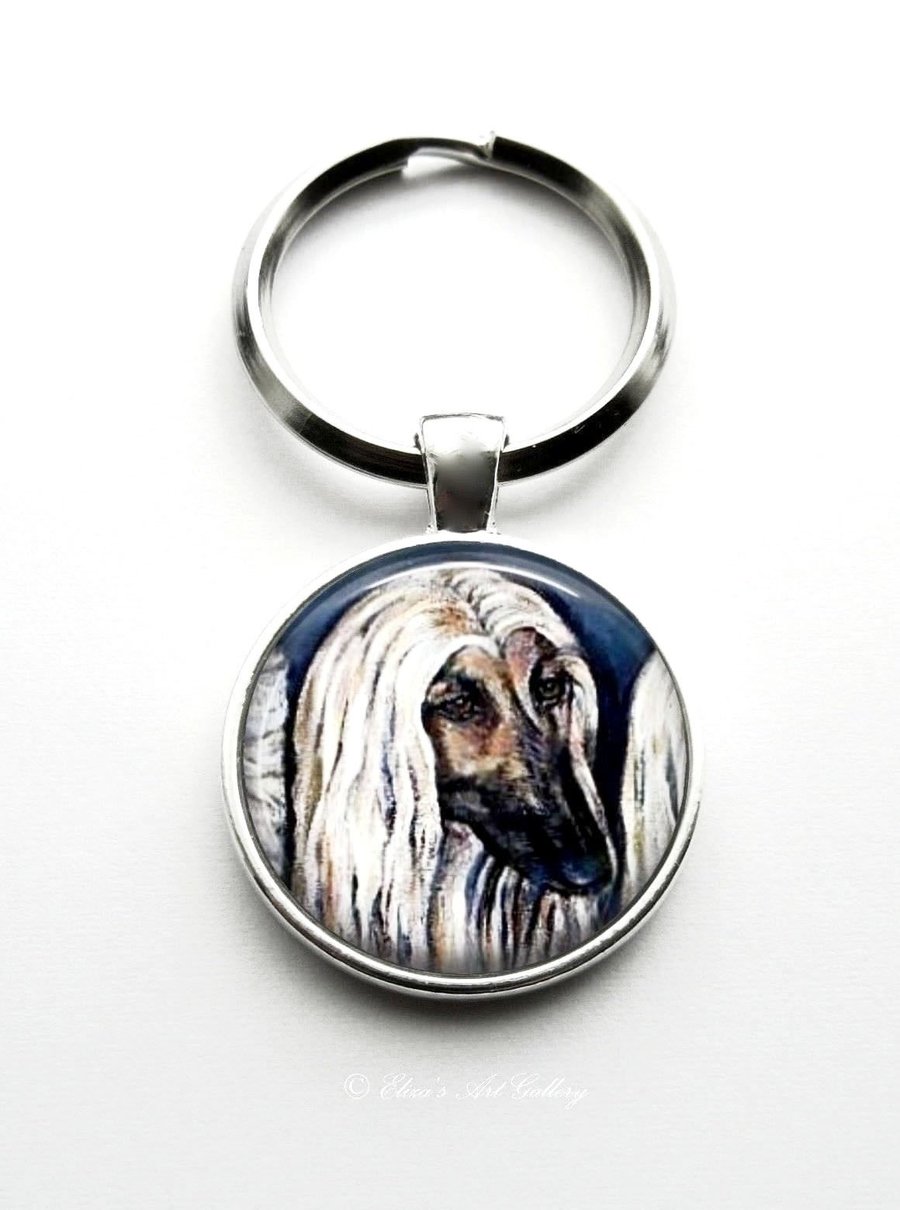 Silver Plated Afghan Hound Dog Art Cabochon Keyring