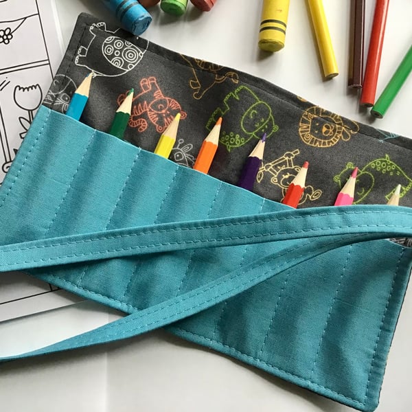 Children’s pencil, wax crayon roll, zoo animals, space themed 