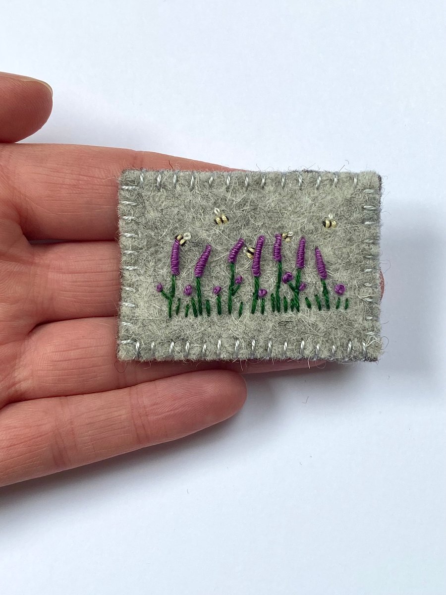 Wool felt brooch purple loosestrife wildflower meadow with bees embroidery 