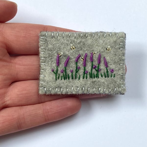 Wool felt brooch purple loosestrife wildflower meadow with bees embroidery 