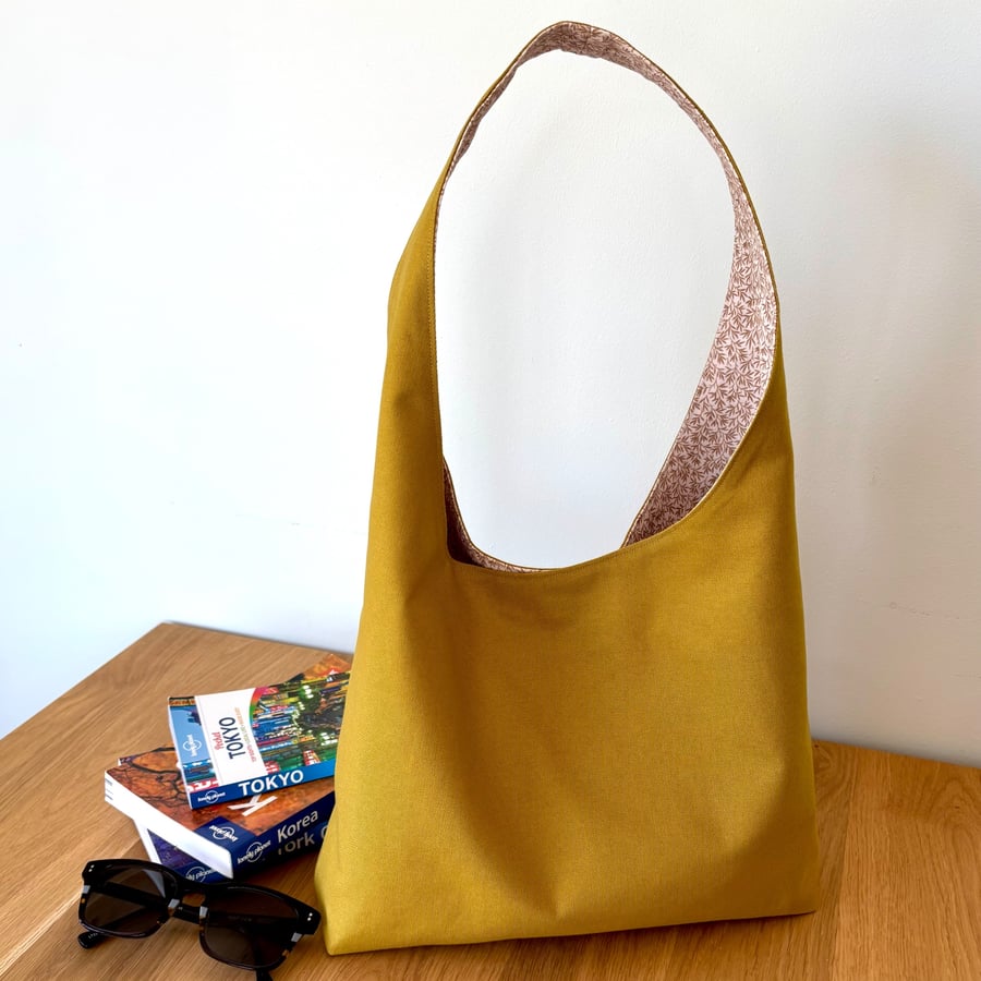 Hobo style shoulder bag, tote bag, mustard yellow cotton with contrasting lining