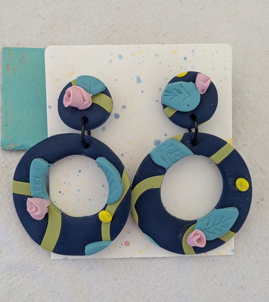 Rosebud polymer clay statement dangly earrings