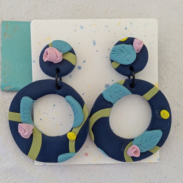 Rosebud polymer clay statement dangly earrings