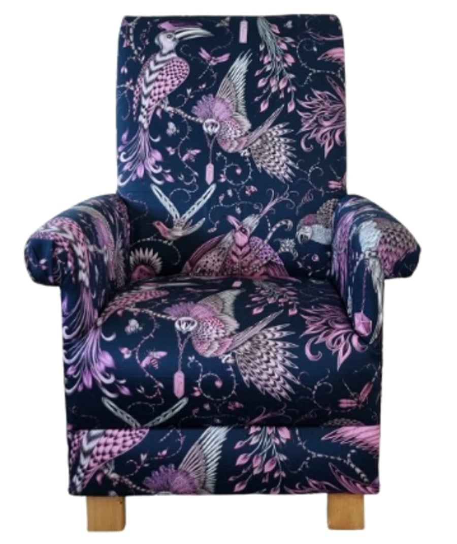 Emma J Shipley Audubon Pink Fabric Adult Chair Armchair Navy Blue Birds Cotton