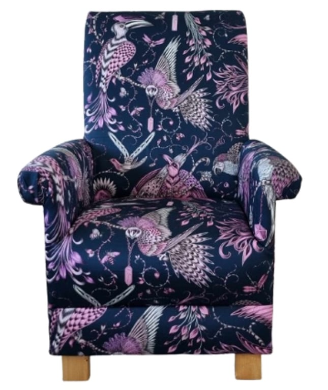 Emma J Shipley Audubon Pink Fabric Adult Chair Armchair Navy Blue Birds Cotton