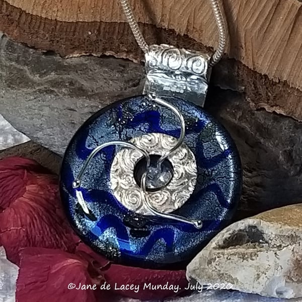 Fine Silver and Blue glass donut Pendant
