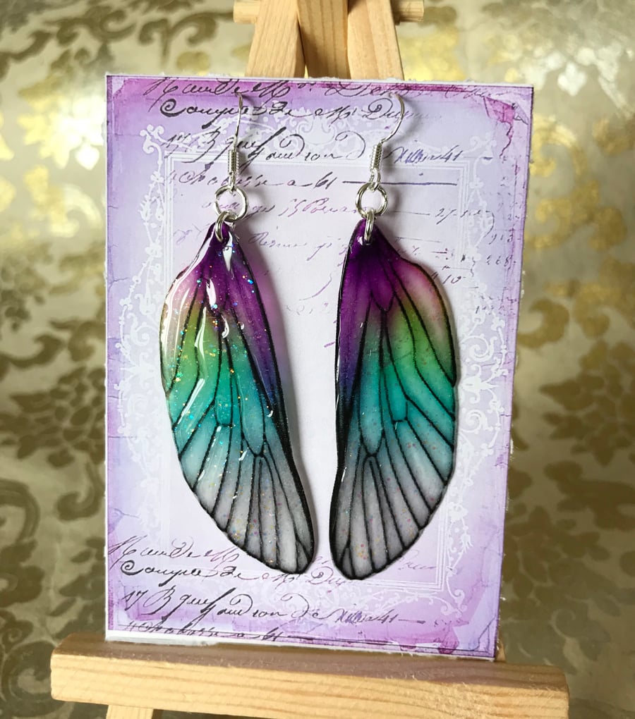 Green and Purple Shimmering Fairy Wing Sterling Silver Earrings