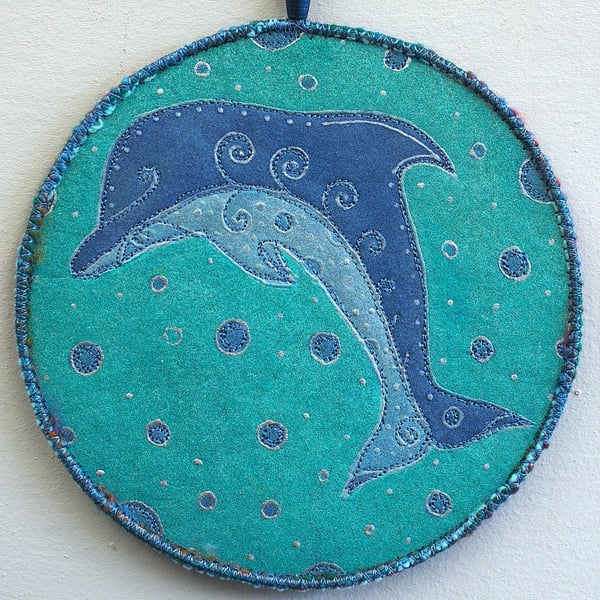 DPM027 - Dolphin Mandala Wall Hanging-15cm diameter-Pale Jade-Blue-Silver