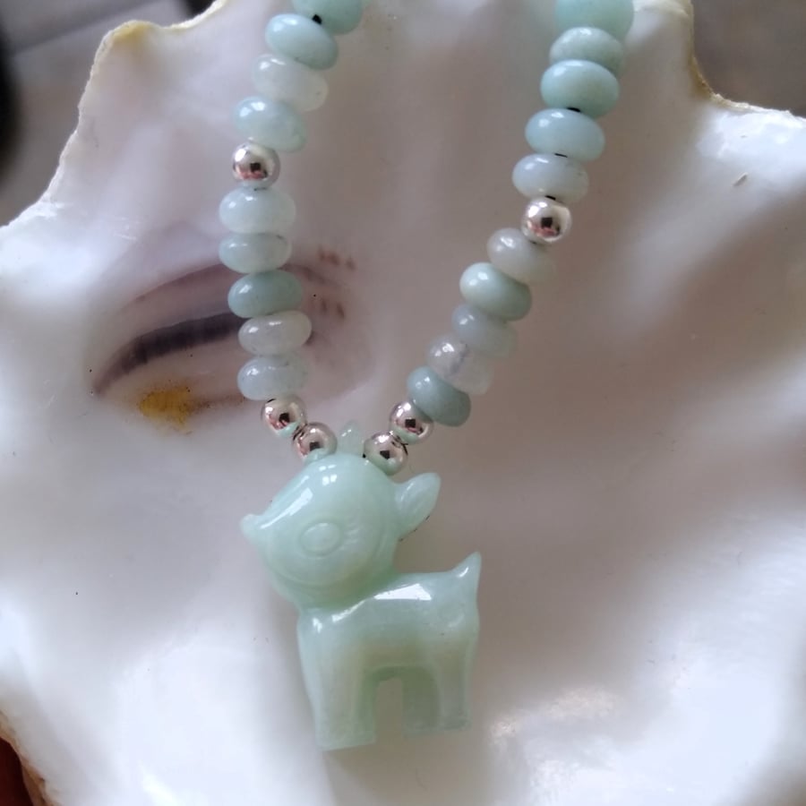 Carved Amazonite Bambi Fawn Pendant Sterling Silver16 Inch Necklace