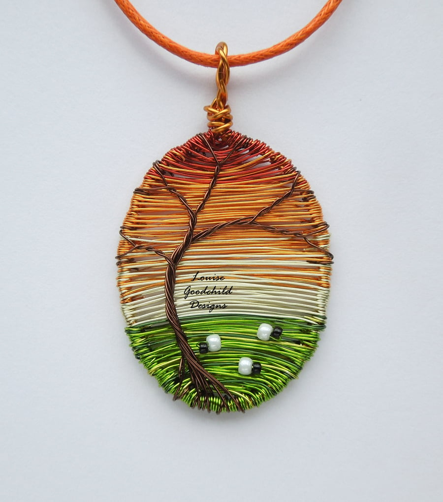 Sunset wire pendant, wire tree pendant, sheep, sun, summer, MADE TO ORDER