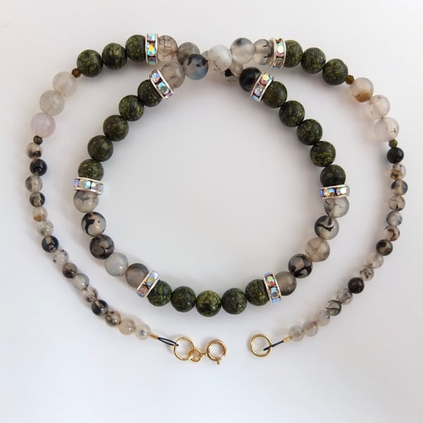Green Lace Jasper and Dragon Vein Agate Necklace With Sparkly Beads.