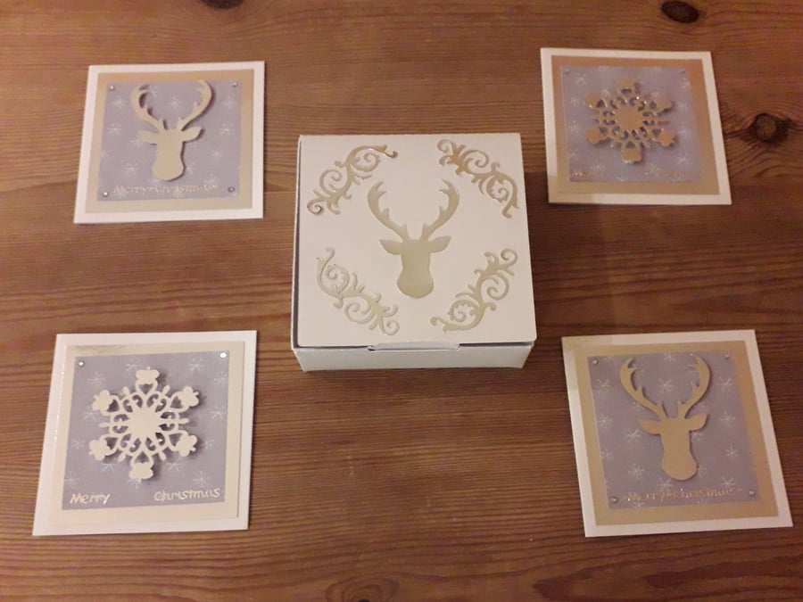 Box of 4 mini Christmas Cards – Stags and Snowflakes – silver