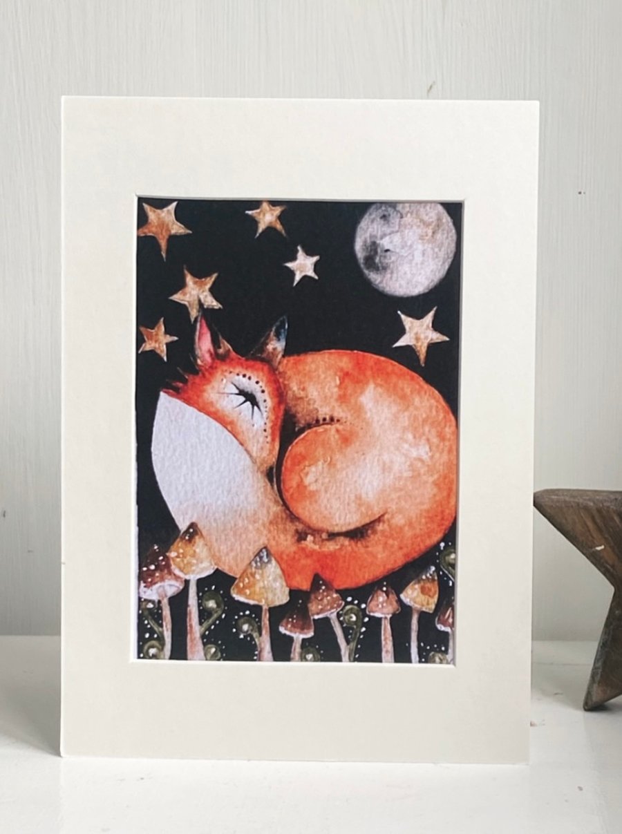  Celestial Resting Fox under Moon and Starry Sky Mounted Print