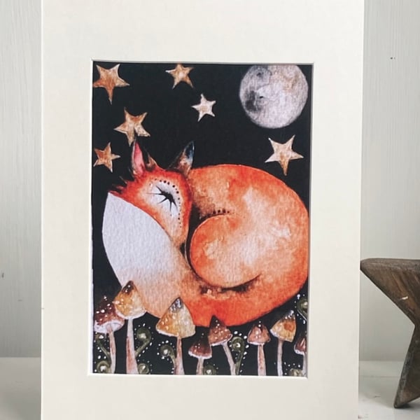  Celestial Resting Fox under Moon and Starry Sky Mounted Print