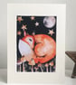  Celestial Resting Fox under Moon and Starry Sky Mounted Print